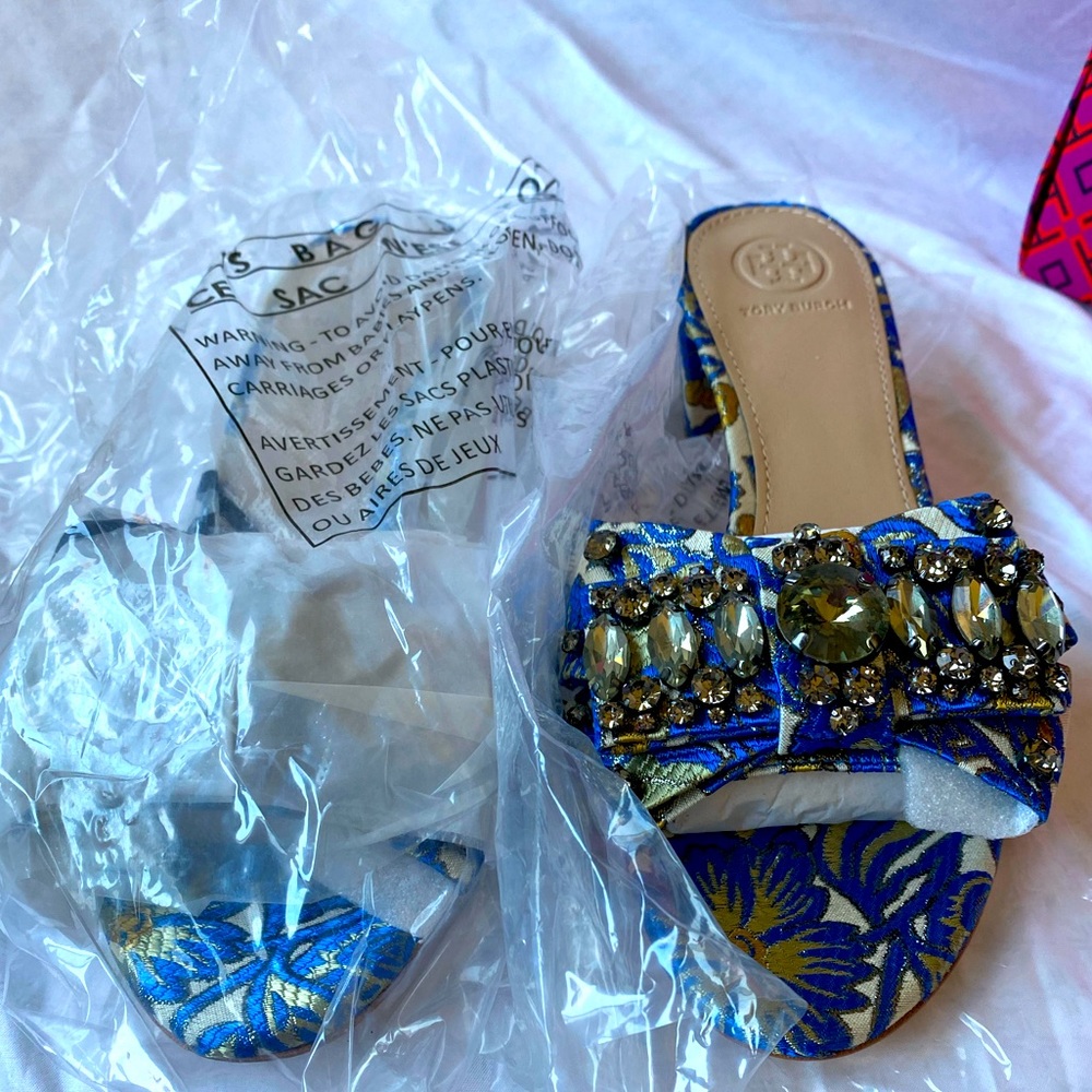 Valentina Jacquard Bow Slide Sandal Valentina in metallic floral jacquard